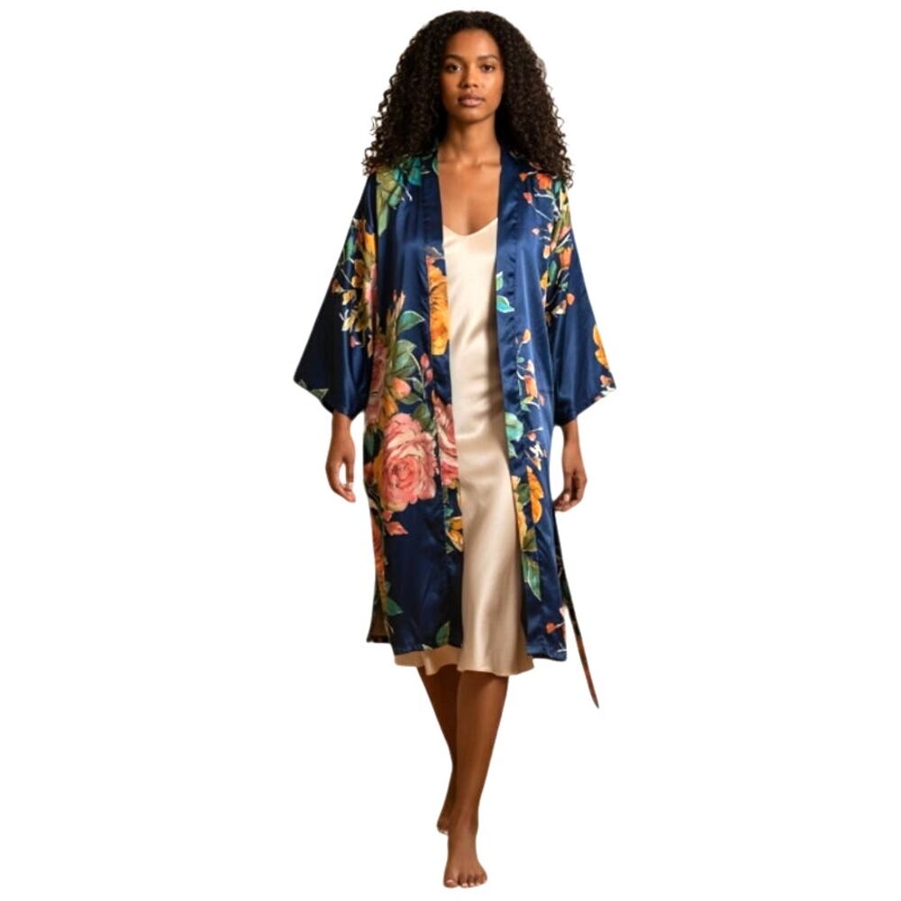 Navy Big Blossom Silky Robe Kimono with Sash size S/M